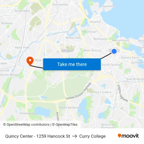 Quincy Center - 1259 Hancock St to Curry College map
