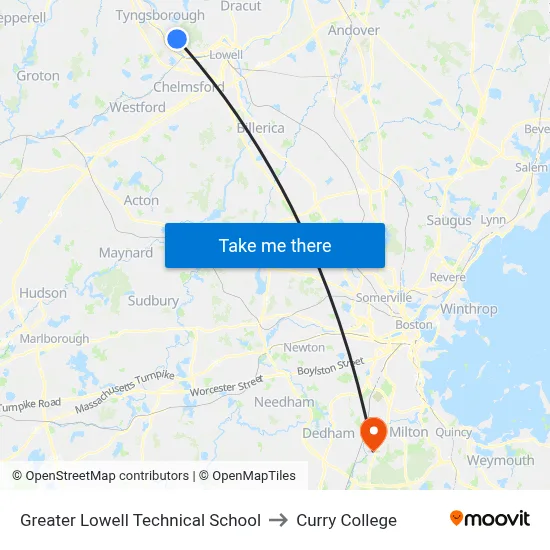 Greater Lowell Technical School to Curry College map