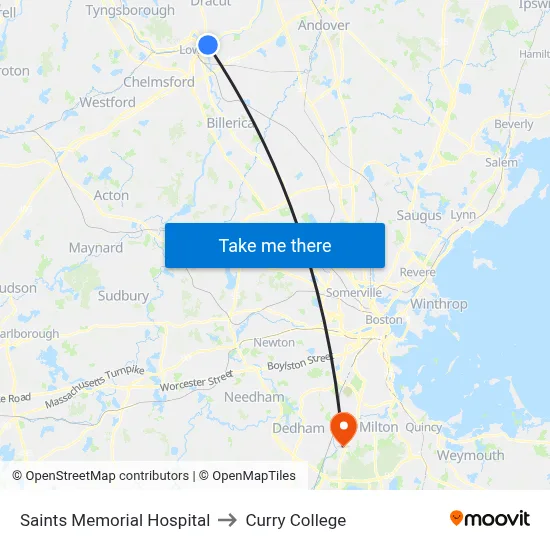 Saints Memorial Hospital to Curry College map