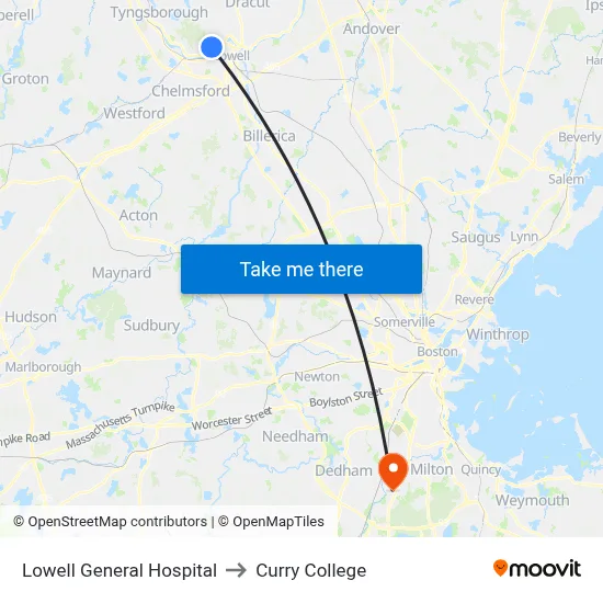 Lowell General Hospital to Curry College map