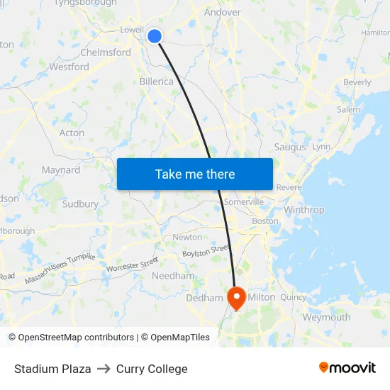 Stadium Plaza to Curry College map