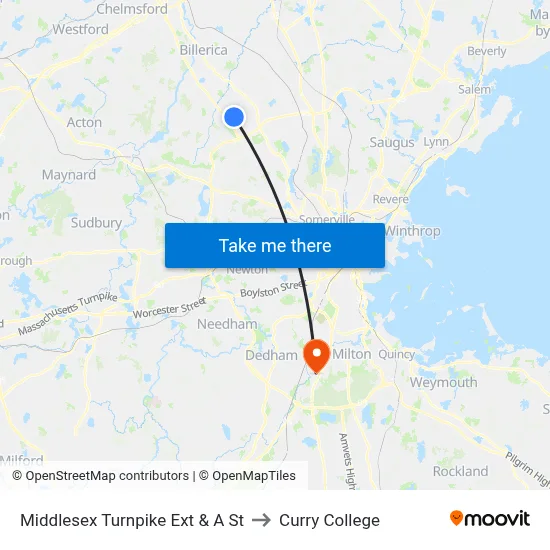 Middlesex Turnpike Ext & A St to Curry College map