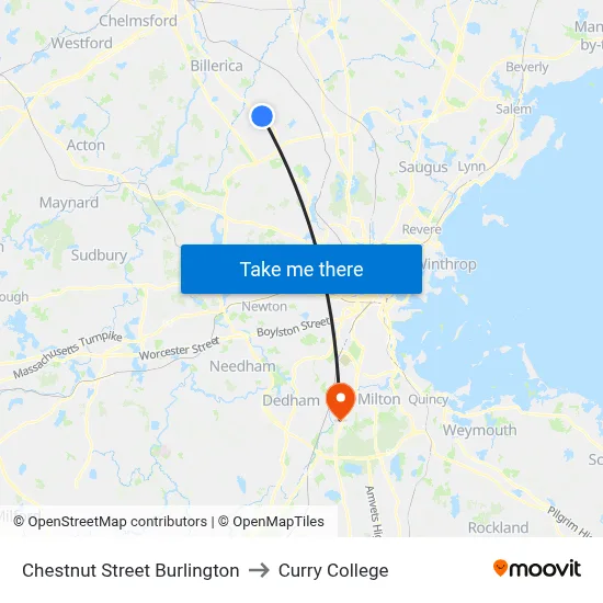 Chestnut Street Burlington to Curry College map