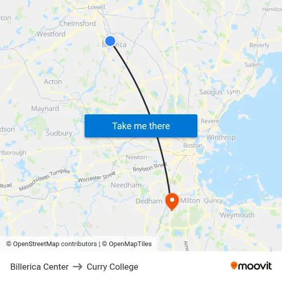 Billerica Center to Curry College map