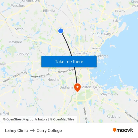 Lahey Clinic to Curry College map