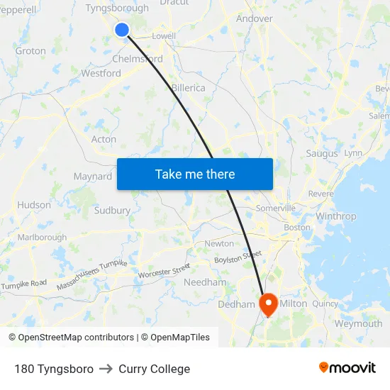 180 Tyngsboro to Curry College map