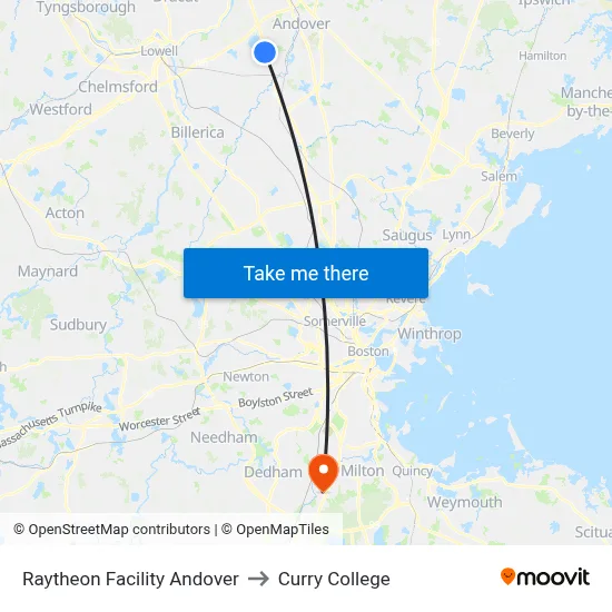 Raytheon Facility Andover to Curry College map