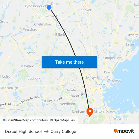 Dracut High School to Curry College map