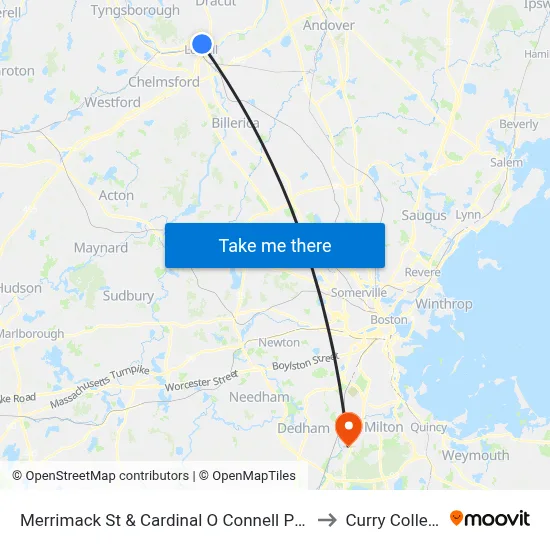 Merrimack St & Cardinal O Connell Pkwy to Curry College map