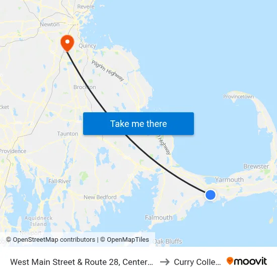 West Main Street & Route 28, Centerville to Curry College map