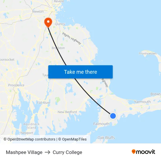 Mashpee Village to Curry College map