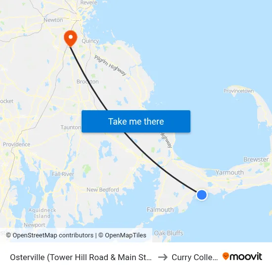 Osterville (Tower Hill Road & Main Street) to Curry College map