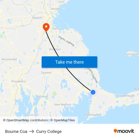 Bourne Coa to Curry College map