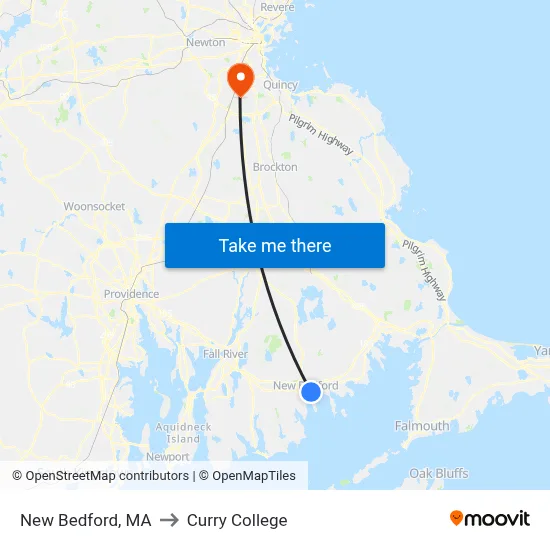 New Bedford, MA to Curry College map