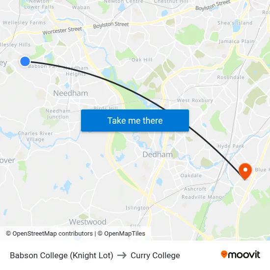 Babson College (Knight Lot) to Curry College map