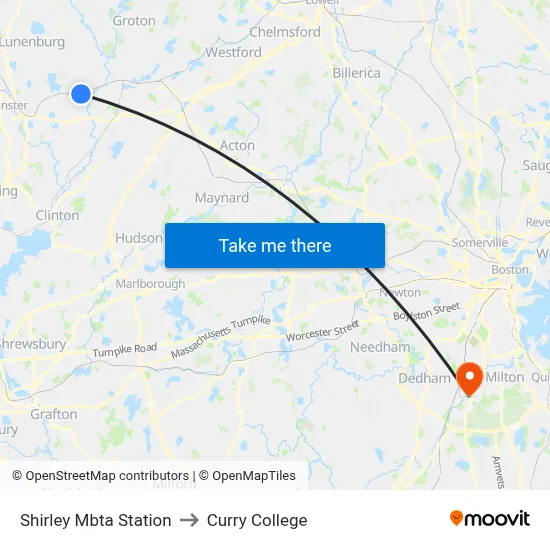 Shirley Mbta Station to Curry College map