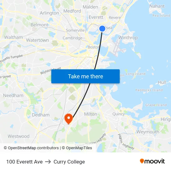 100 Everett Ave to Curry College map