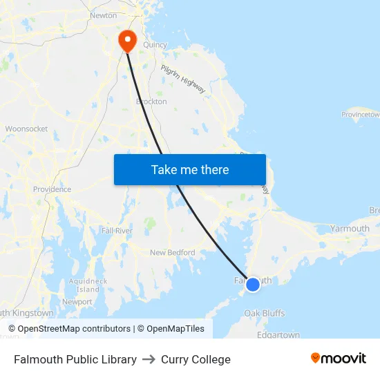 Falmouth Public Library to Curry College map