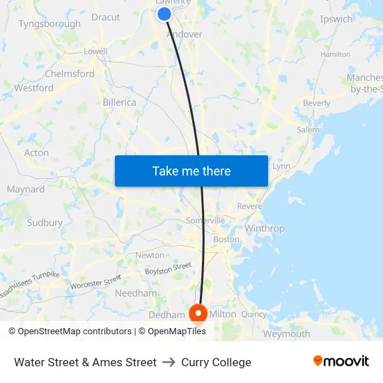 Water Street & Ames Street to Curry College map