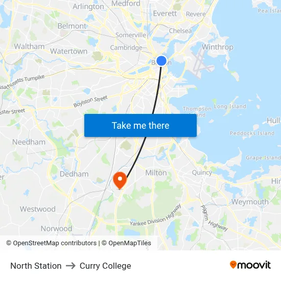 North Station to Curry College map