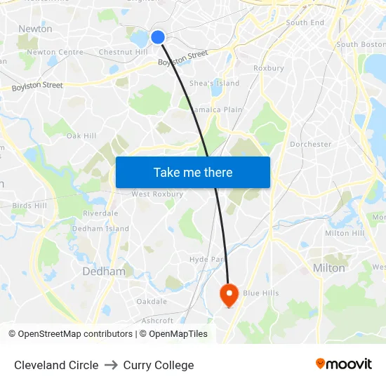 Cleveland Circle to Curry College map