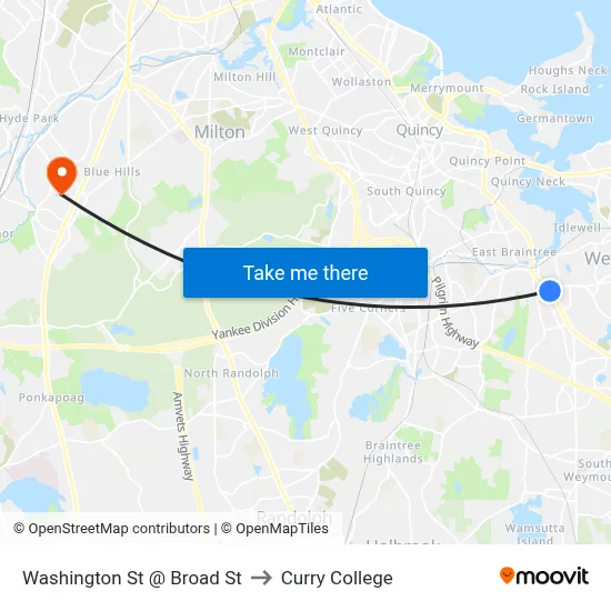 Washington St @ Broad St to Curry College map