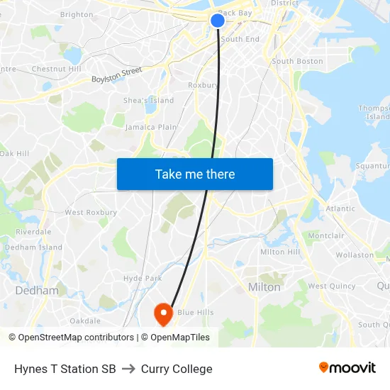 Hynes T Station SB to Curry College map