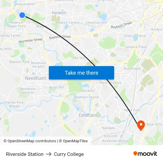Riverside Station to Curry College map