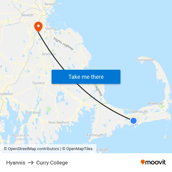 Hyannis to Curry College map