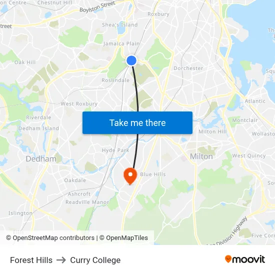 Forest Hills to Curry College map