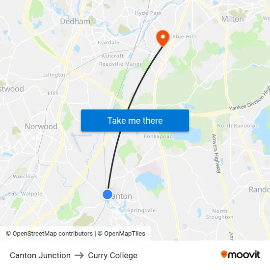 Canton Junction to Curry College map