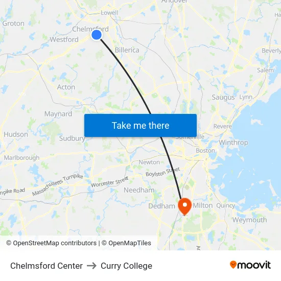 Chelmsford Center to Curry College map