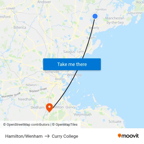 Hamilton/Wenham to Curry College map