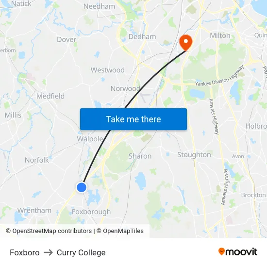 Foxboro to Curry College map