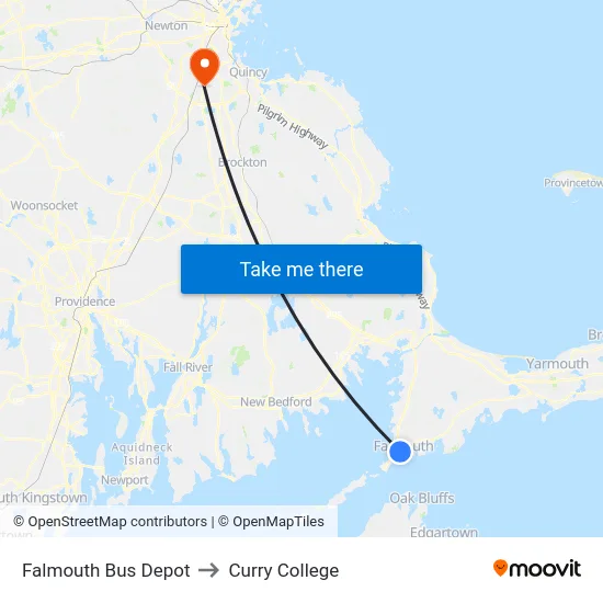 Falmouth Bus Depot to Curry College map