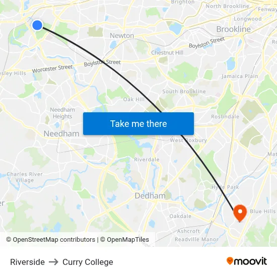 Riverside to Curry College map