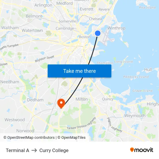 Terminal A to Curry College map