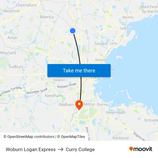 Woburn Logan Express to Curry College map