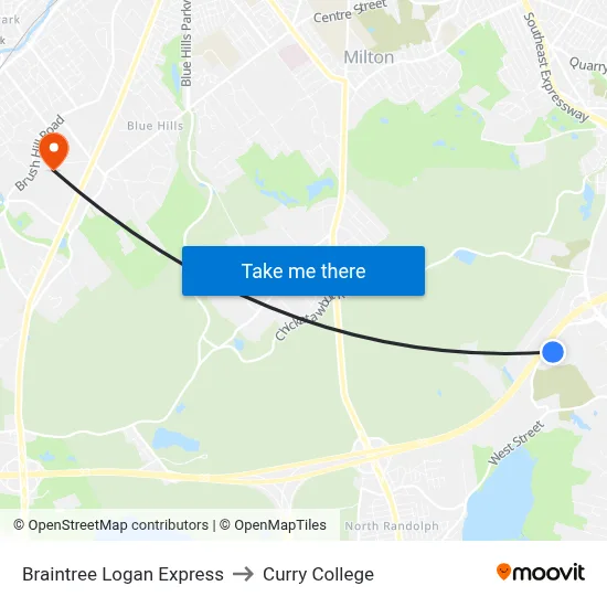Braintree Logan Express to Curry College map