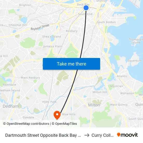 Dartmouth Street Opposite Back Bay Station to Curry College map