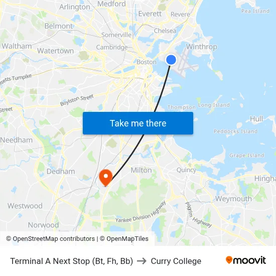 Terminal A Next Stop (Bt, Fh, Bb) to Curry College map