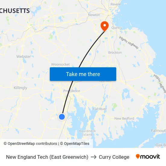 New England Tech (East Greenwich) to Curry College map