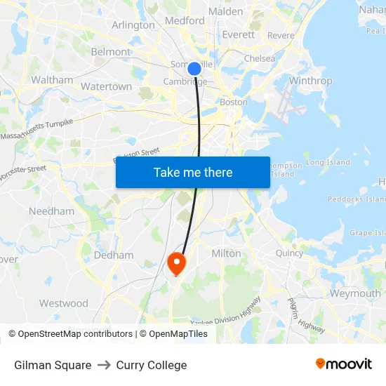 Gilman Square to Curry College map