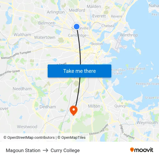 Magoun Station to Curry College map