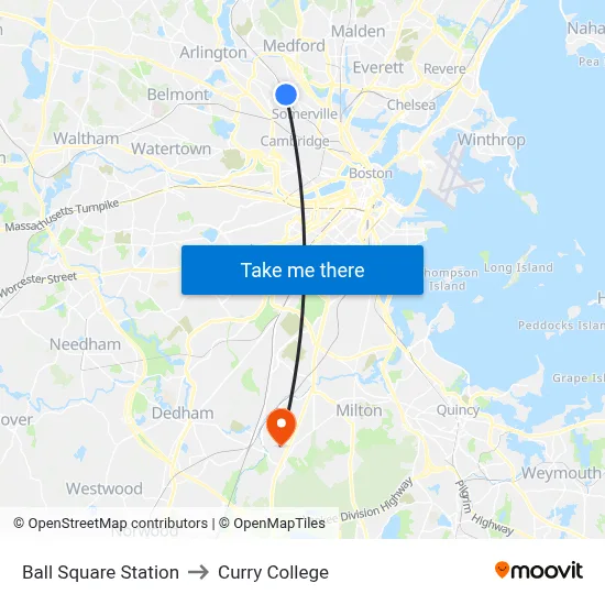 Ball Square Station to Curry College map