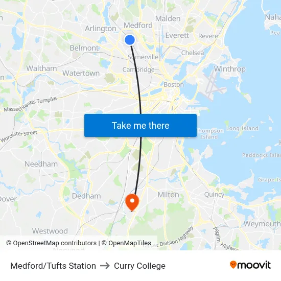 Medford/Tufts Station to Curry College map