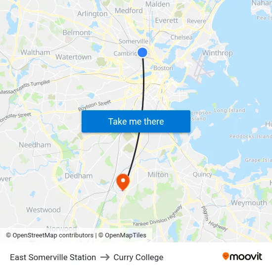 East Somerville Station to Curry College map
