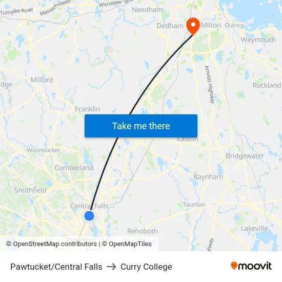 Pawtucket/Central Falls to Curry College map