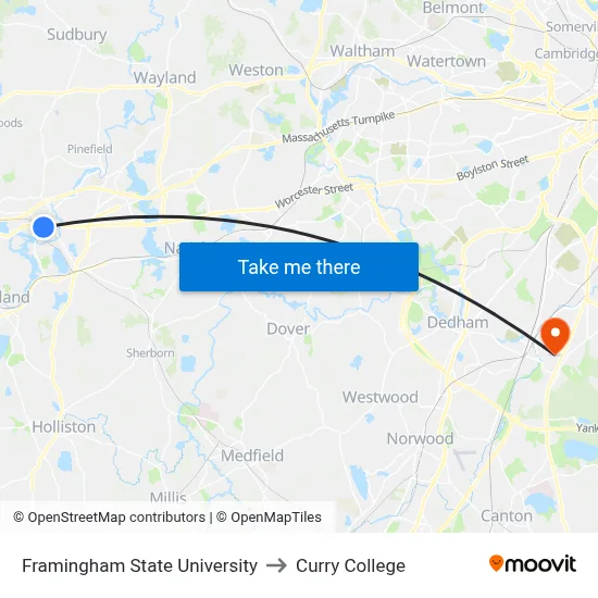 Framingham State University to Curry College map