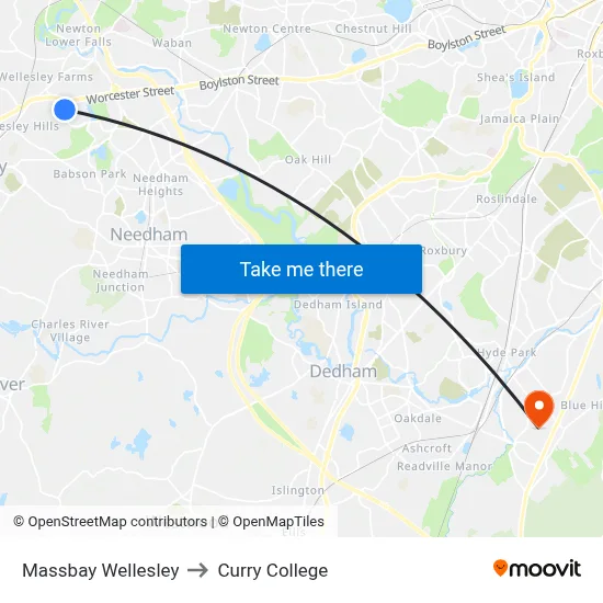 Massbay Wellesley to Curry College map